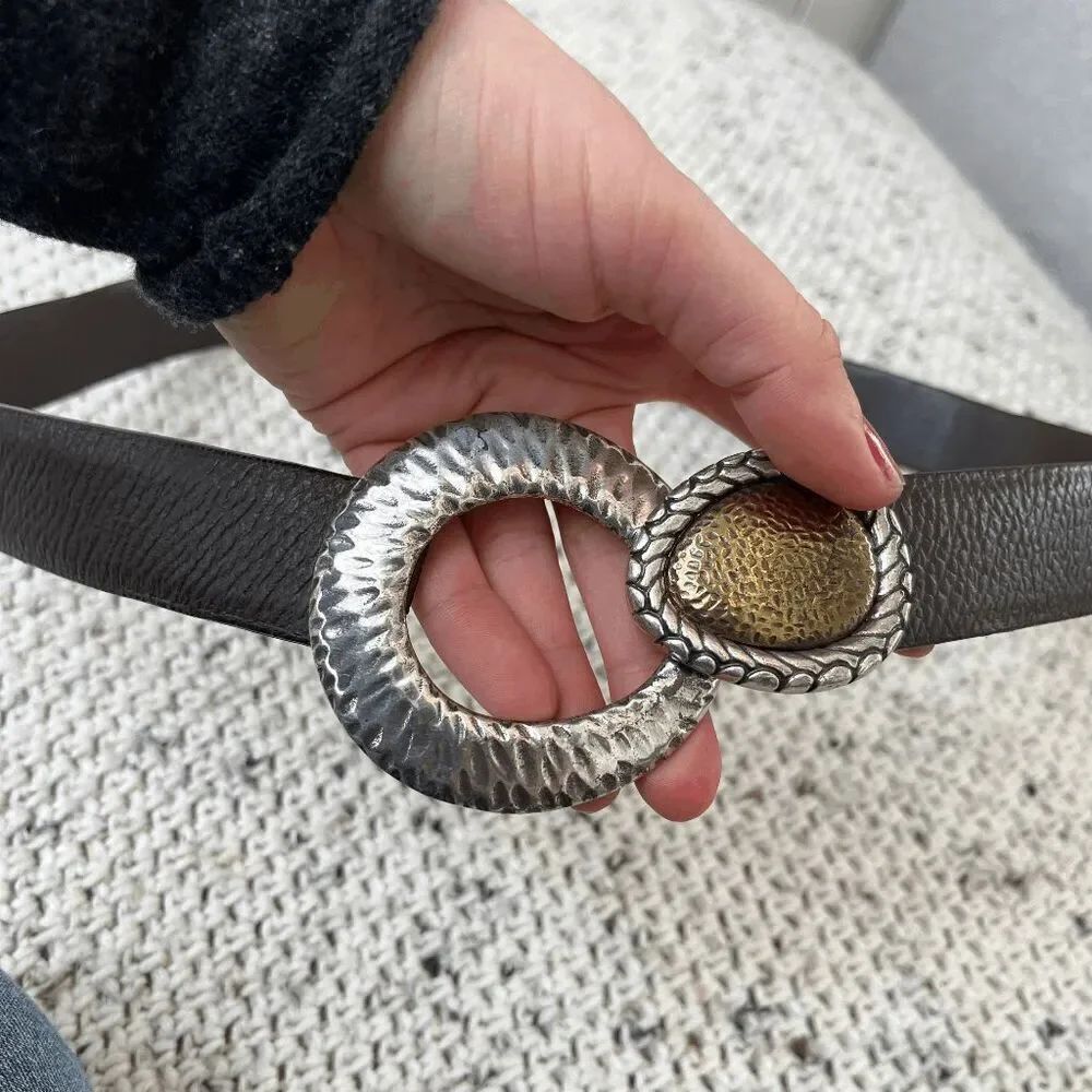 Vintage 90s Chico's Hammered Metal Buckle Thin Belt - Brown Leather, S/M